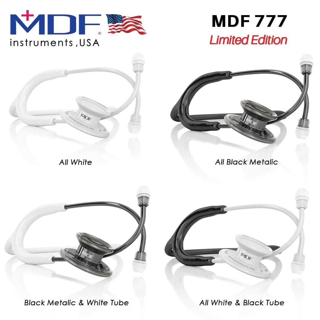 گوشی پزشکی mdf 777 Limited Edition مشکی متالیک تیوب سفید