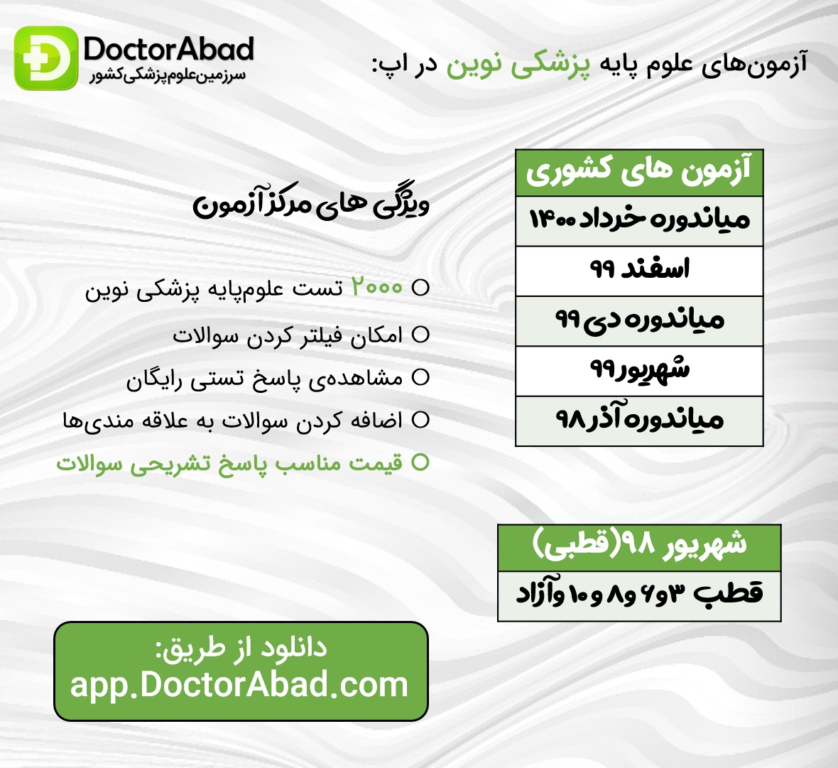 آزمون های علوم پایه پزشکی نوین موجود در اپلیکیشن دکتر آباد